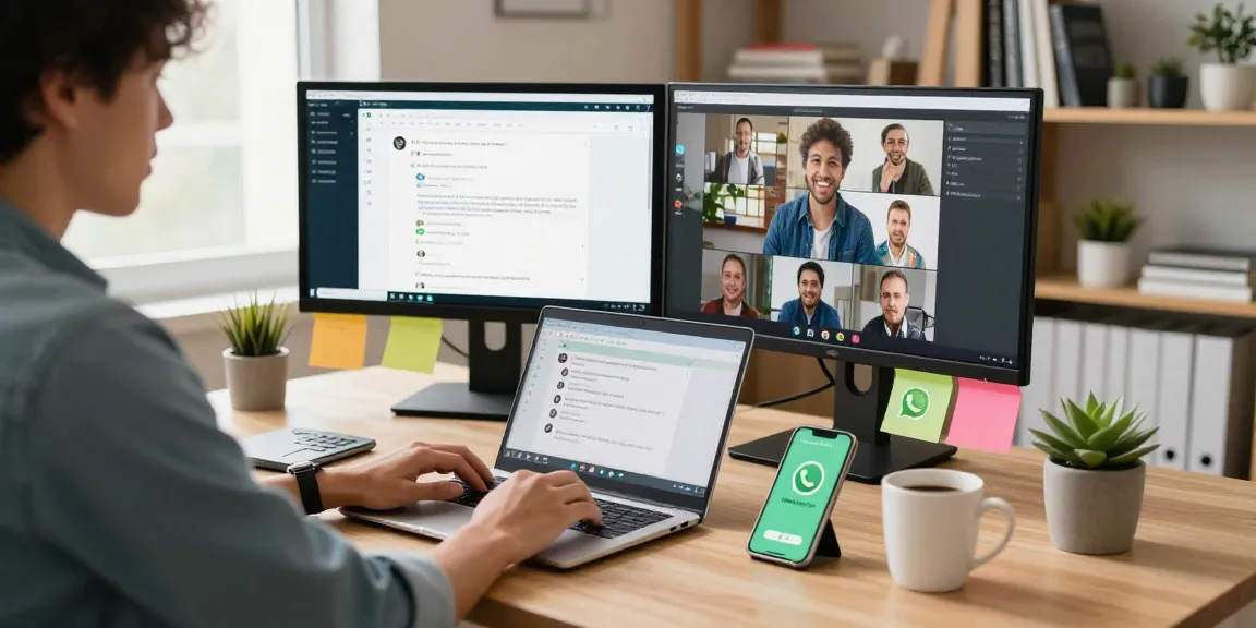 Individual utilizing WhatsApp電腦版 on a laptop in a modern home office.