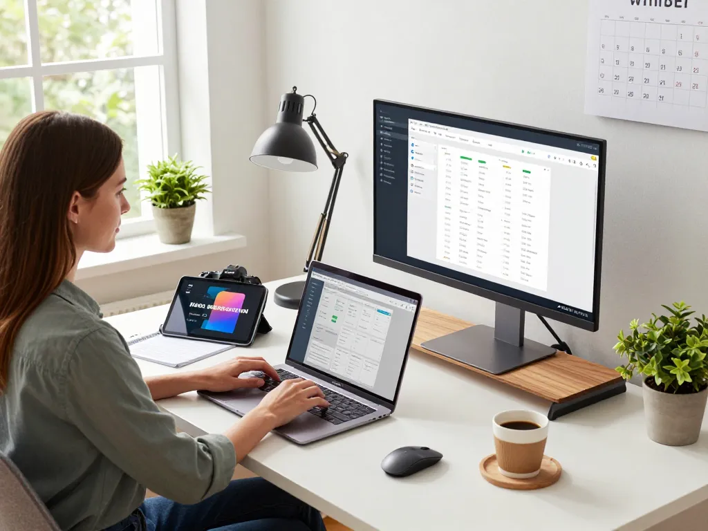 Tech gadgets for productivity integrated in a modern workspace with laptop, tablet, and ergonomic desk setup.