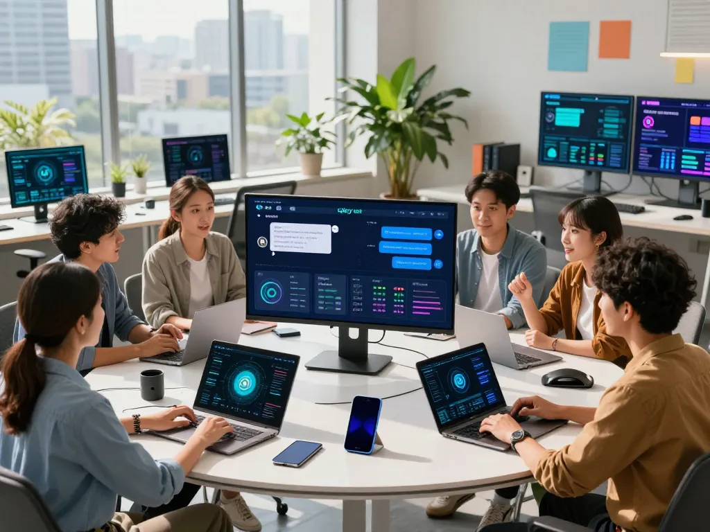 Engaging scene of diverse professionals discussing spicy ai technologies in a modern workspace, showcasing collaboration and innovative ideas.