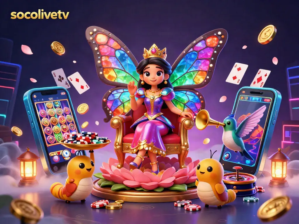 Experience interactive gameplay with socolivetv, featuring a magical butterfly queen amid casino elements and vibrant game visuals.