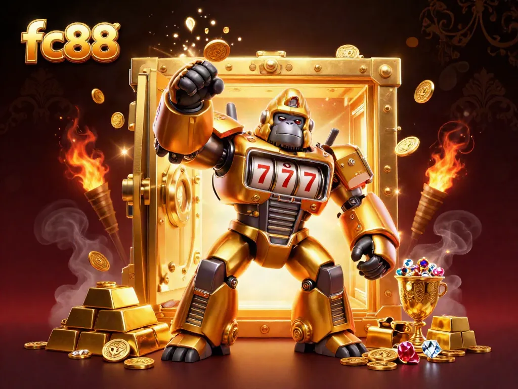 Experience an exhilarating win with fc88 featuring a golden gorilla mech and treasure bursting in a 3D casino illustration.