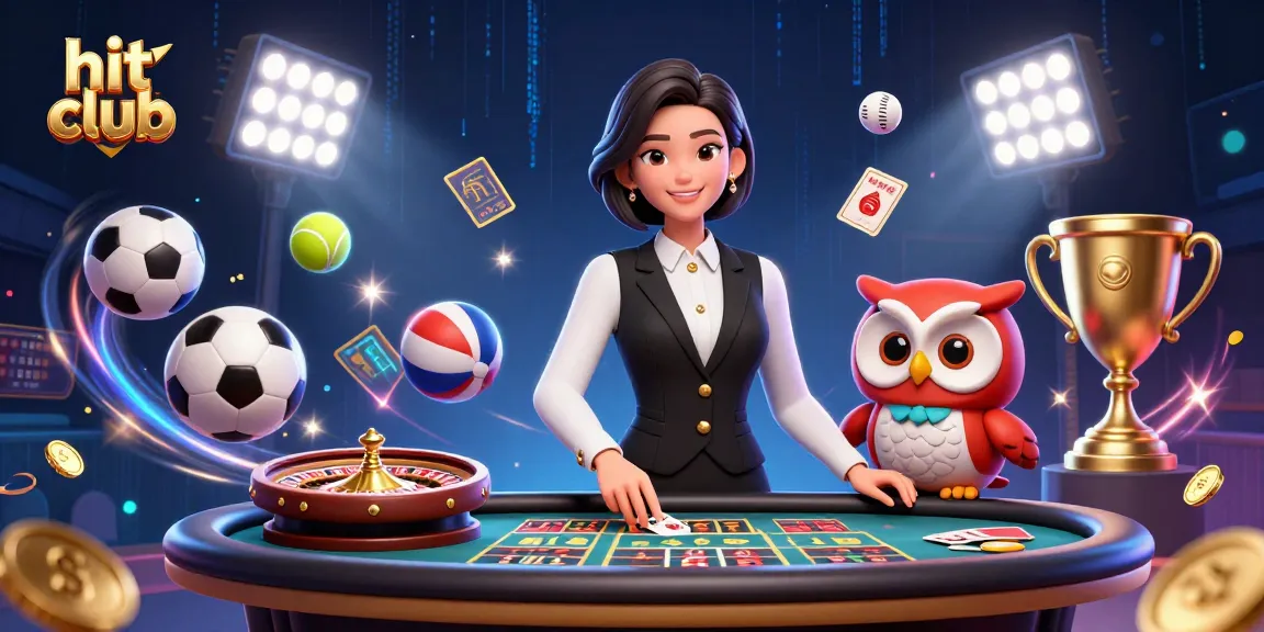 Join the action at hit club with a luxurious baccarat table, a smiling dealer, and vibrant gaming elements.