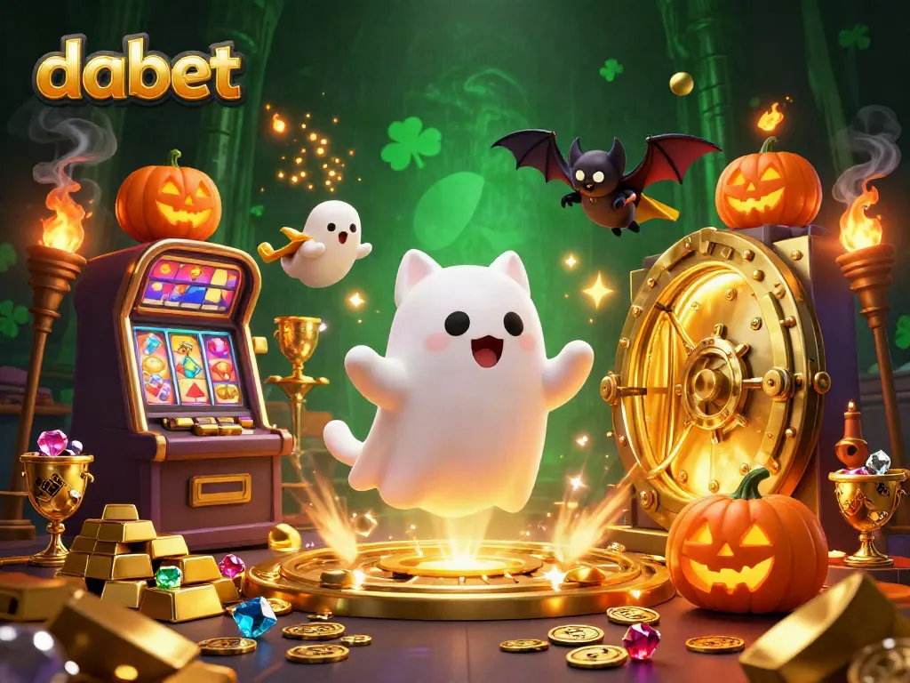 Experience thrilling casino adventures with Dabet’s friendly ghost cat and vampire bat amidst glowing treasures.