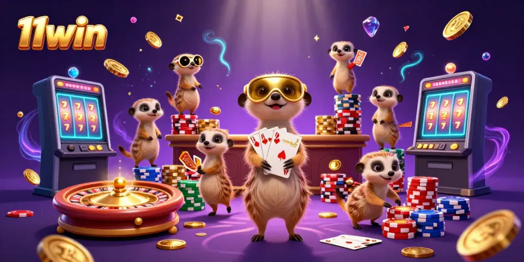 Experience thrilling moments at the 11win casino with meerkats managing a vibrant gaming scene.