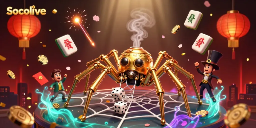 Socolive engages players with a steampunk spider weaving a gold poker chip web while dice are caught, in an exciting casino themed scene.