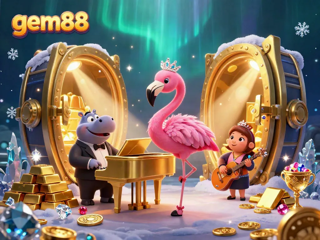 Experience thrilling moments at gem88 with a flamingo singer and hippo bassist amidst a treasure-filled casino