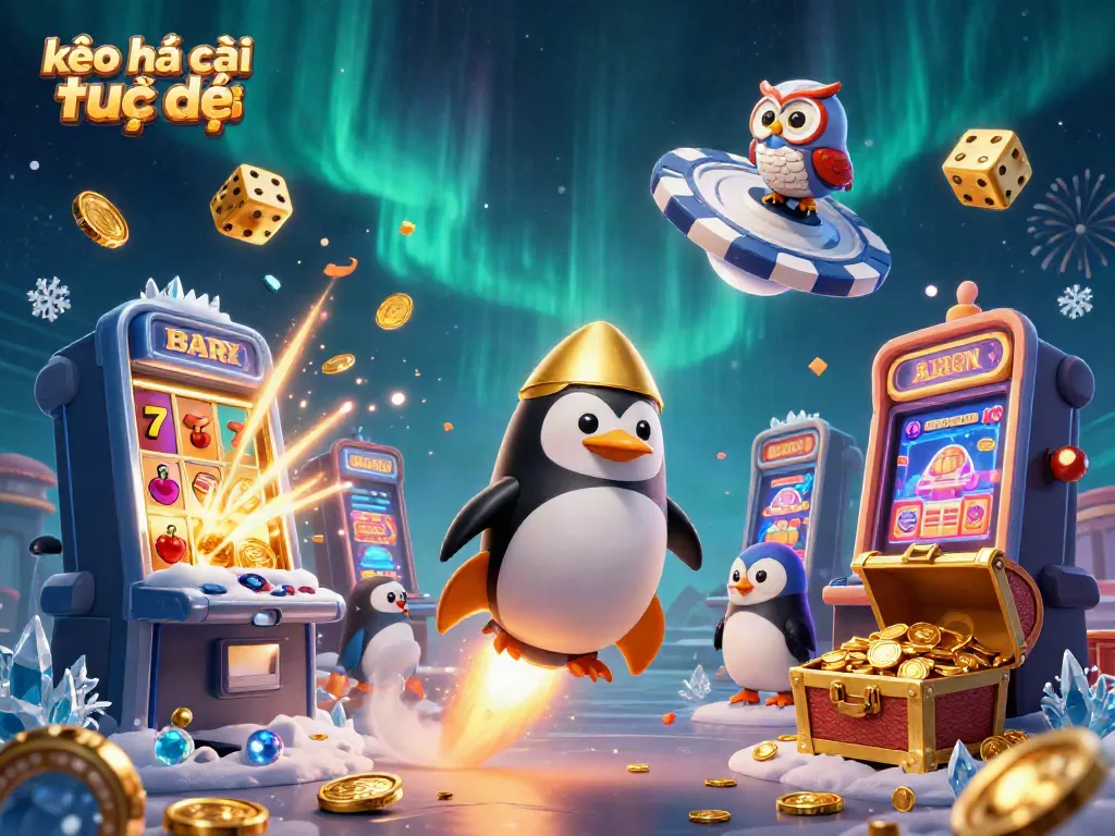 Experience real-time kèo nhà cái trực tiếp as a golden penguin navigates a casino-themed space filled with excitement.