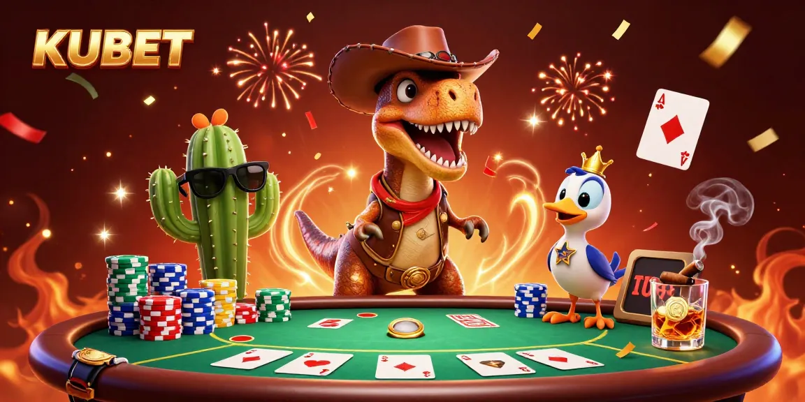 KUBET offers an exciting poker showdown with a cartoon dinosaur, cactus, and roadrunner in a vibrant casino setting.