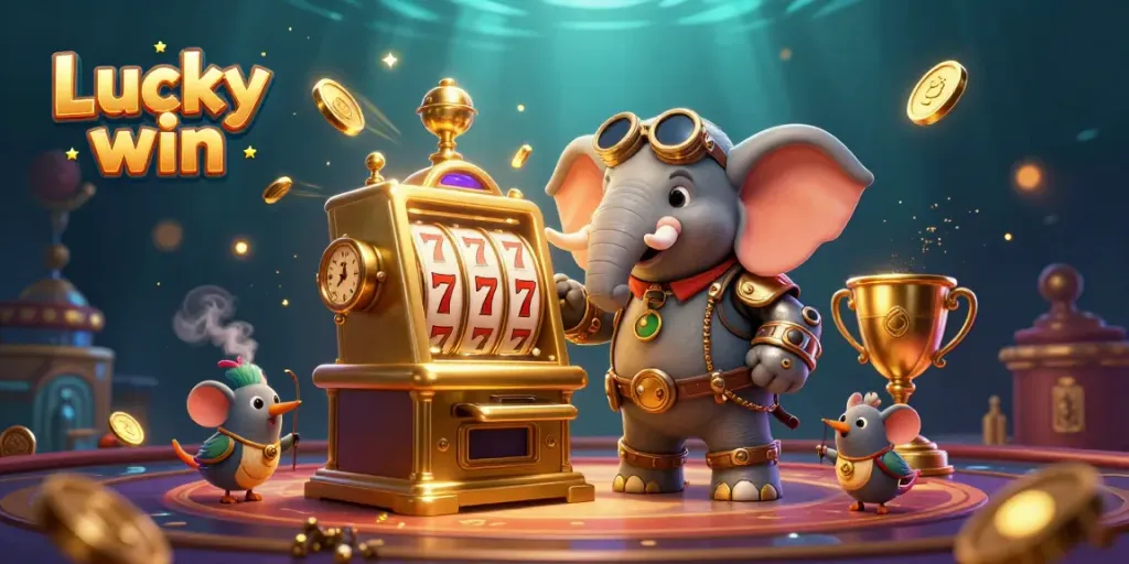 Experience the excitement of Lucky win with a steampunk elephant engineer activating a golden slot machine in a vibrant casino.