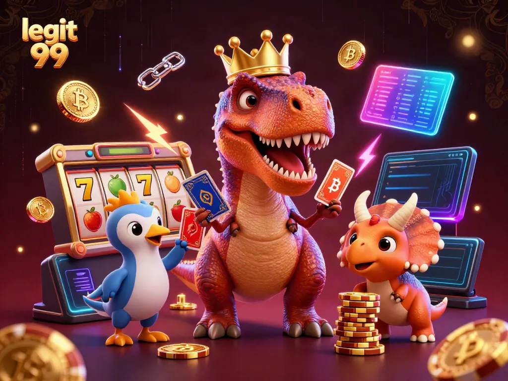Engage with legit 99 slots and live games in a fun 3D illustration featuring a T-Rex and friends.