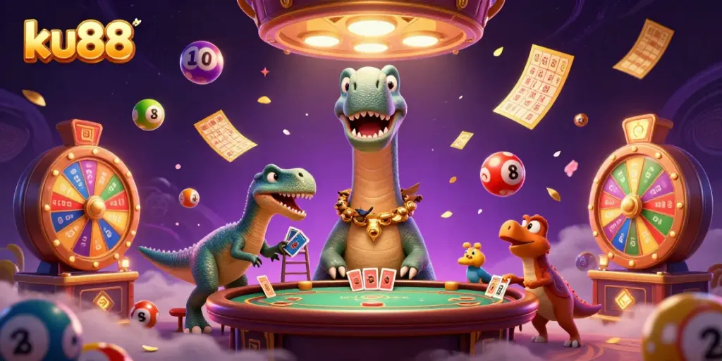Experience the thrill of ku88 casino through a vibrant 3D cartoon scene with dynamic lottery elements.