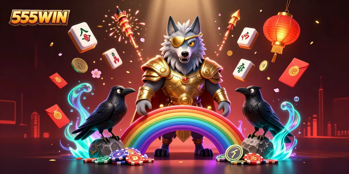 Play and win big at 555WIN with a vibrant scene of casino excitement and Norse mythology elements.