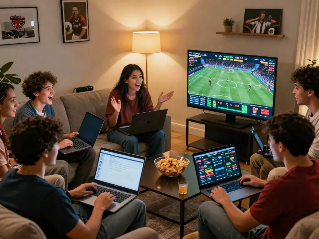 Friends enjoying online betting on uk88 in a cozy living room with sports screens and snacks.