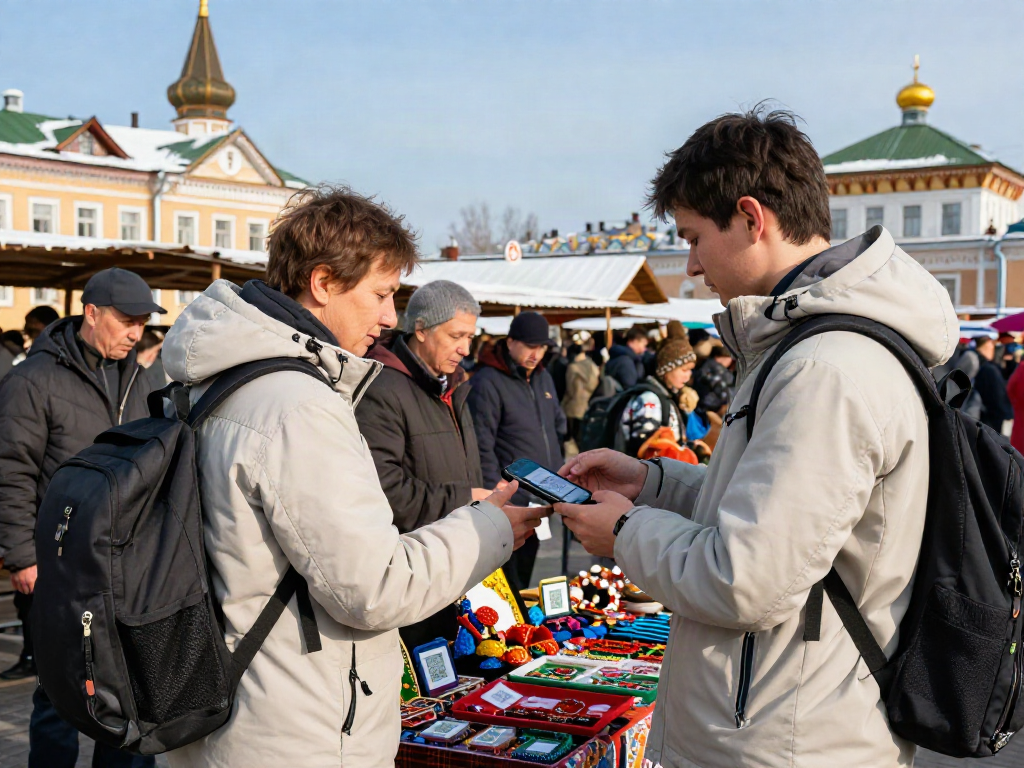 https://payinrussia.com/ ile yapılan QR kodu ile alışveriş yapan turist, yerel pazar ortamında renkli ürünlerin arasında.