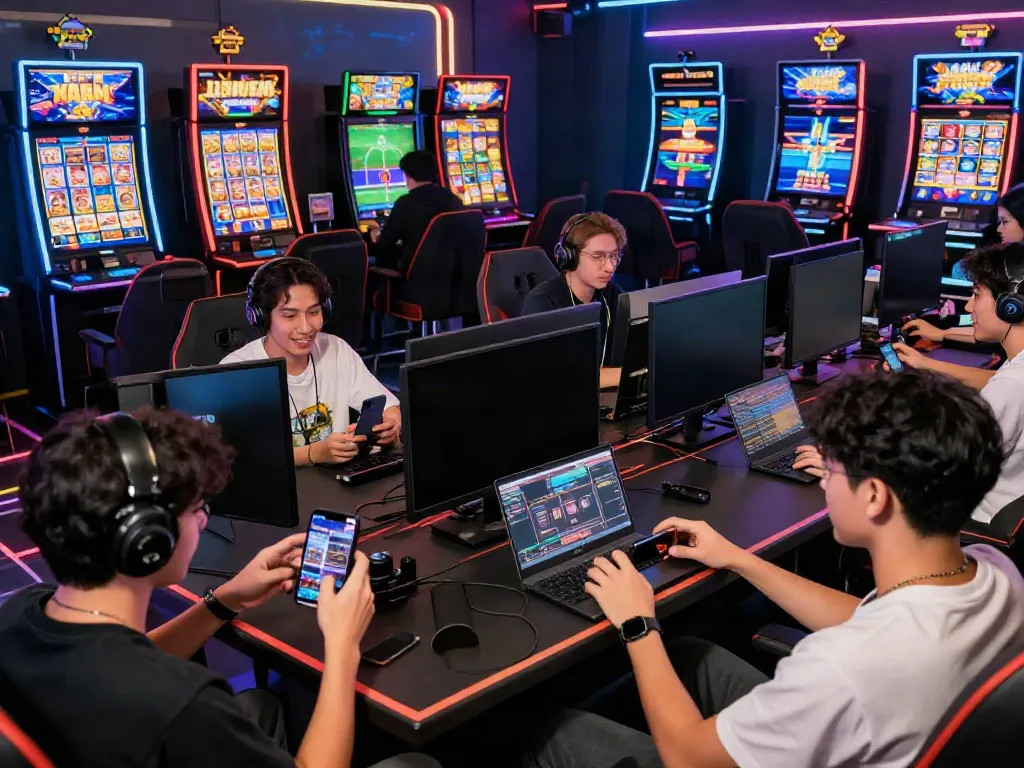 Nohuwin online gaming experience with diverse players engaged in various games and lively atmosphere in a modern setting.