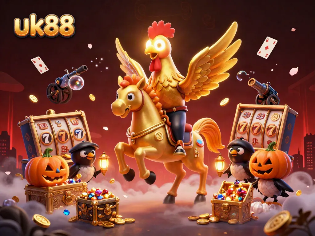Experience exhilarating gameplay at uk88 with a dynamic illustration of a golden rooster in a casino scene