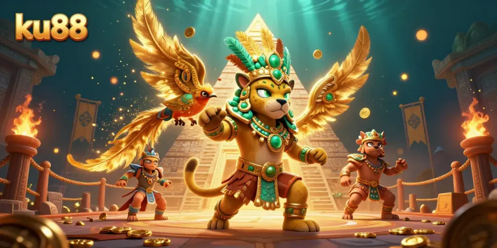 Bet big at ku88 with exciting games, featuring a Mayan jaguar priest and golden treasures in dynamic illustration.