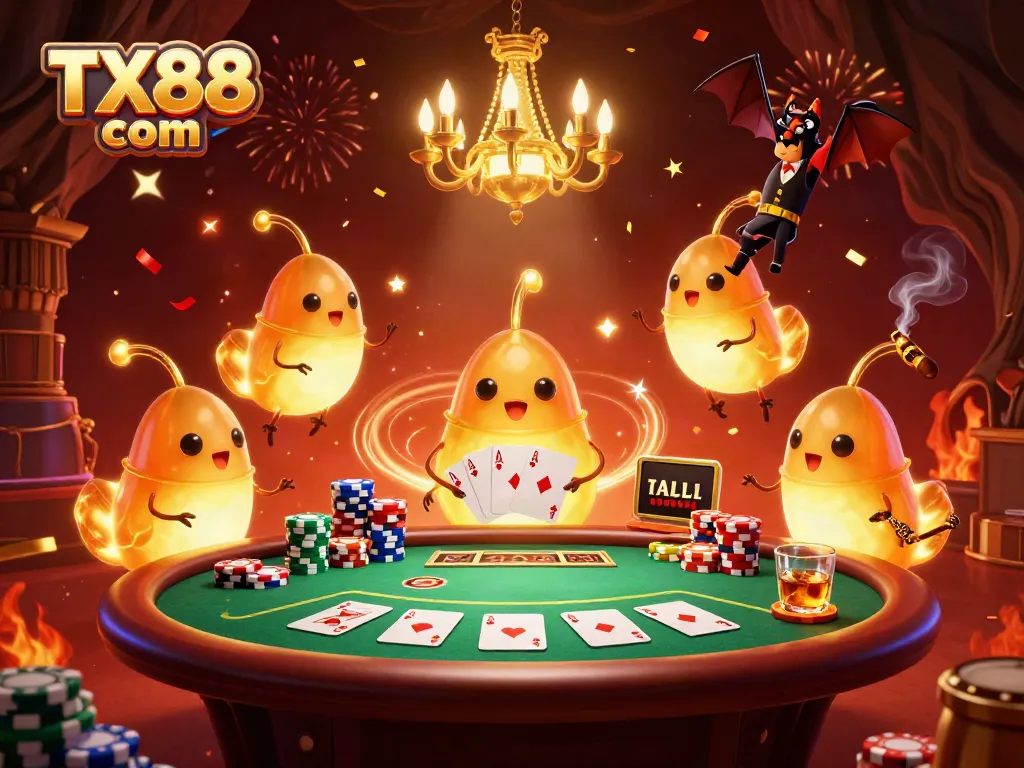 Engage with TX88 com's vibrant casino scene illuminated by glowing worms and a bat dealer.