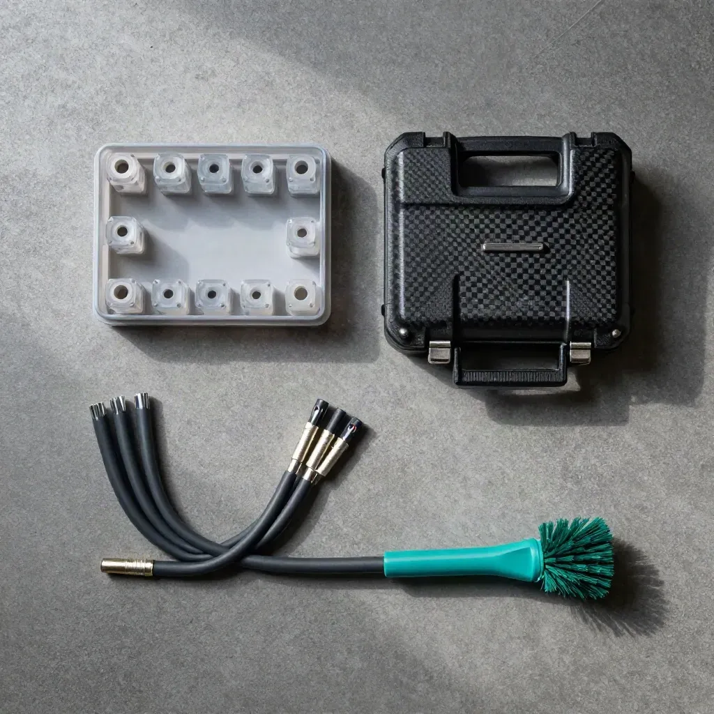 Telekom saha kiti: fiber splice tray, kablo ucu, cleaver kutusu ve küçük toz fırçası.