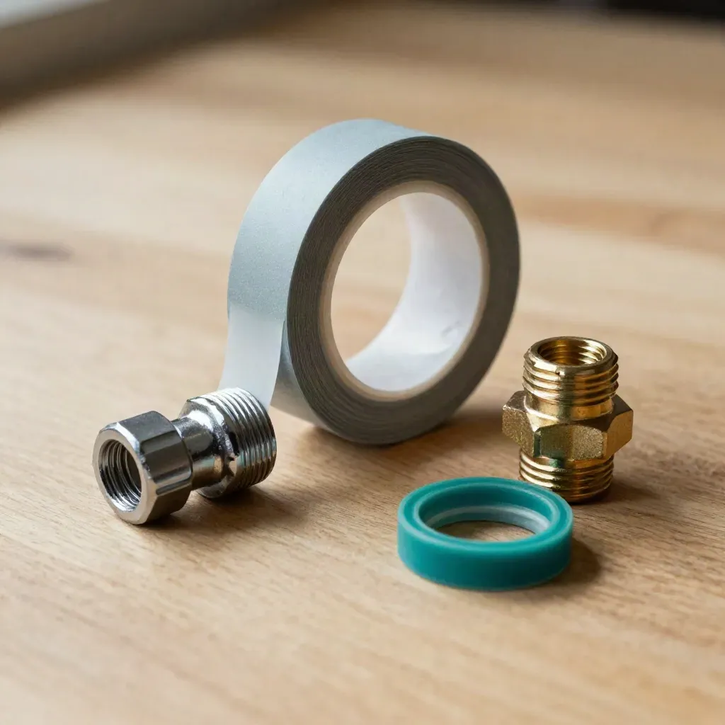 Pale ahşap üzerinde vana çekirdeği, PTFE bant ve hortum kuplörüyle premium servis düzeni.