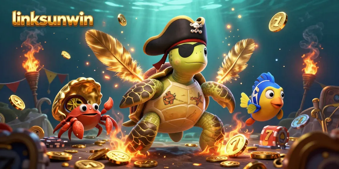Engage with linksunwin's vibrant pirate-themed casino scene featuring the pirate turtle, hermit crab, and parrotfish.
