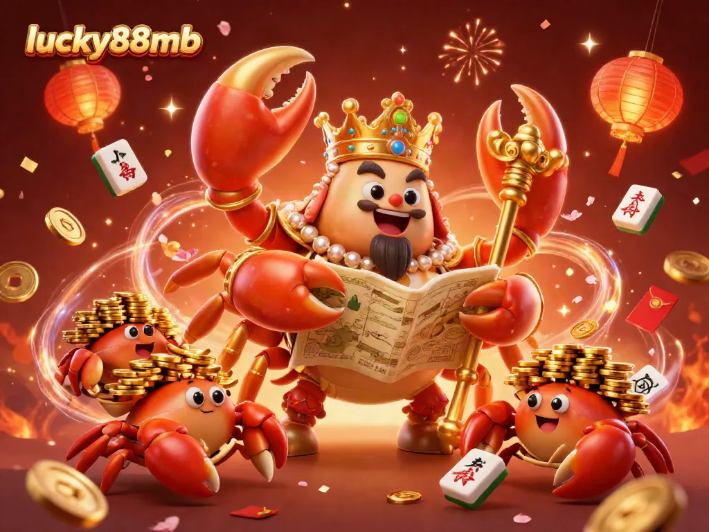 Experience winning strategies at lucky88mb with a vibrant 3D illustration of lucky elements and a golden crab emperor.