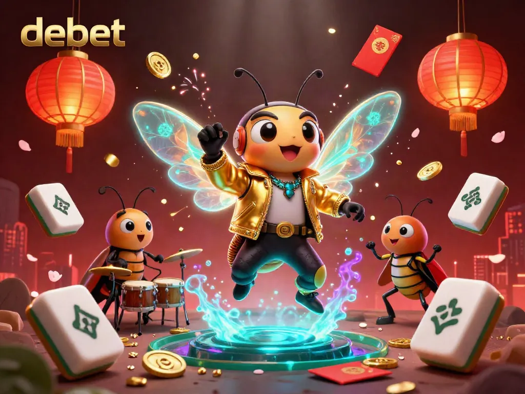 Experience excitement with debet’s vibrant casino scene featuring a rock star cicada amidst dynamic game elements.