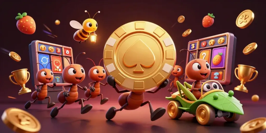 Experience thrilling gameplay at TP88 com with a dynamic casino heist scene featuring playful ants and intricate gaming elements.