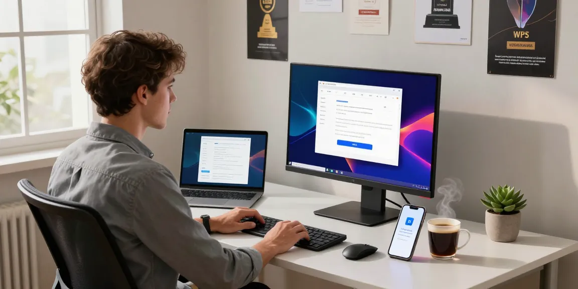 WPS Download interface displayed on a modern workspace desk showing productivity tools and professional ambiance.