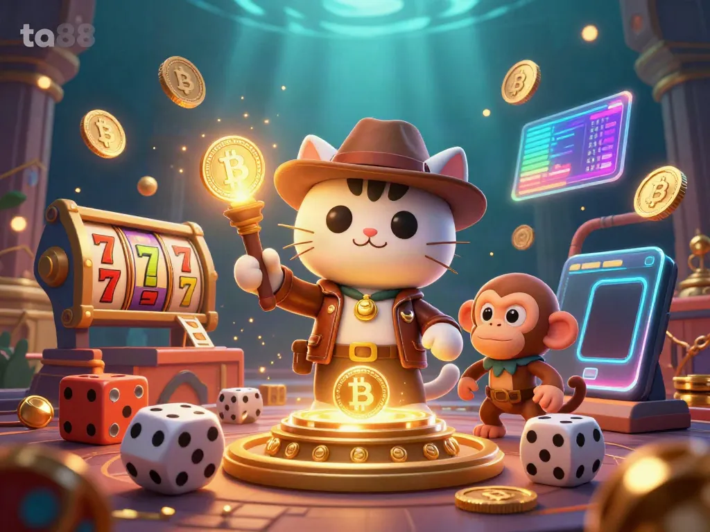Experience the thrill with ta88 as our explorer cat uncovers golden casino treasures amidst vibrant gaming elements.