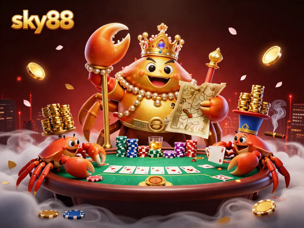 Experience thrilling poker action with sky88's golden crab emperor and festive gaming elements.