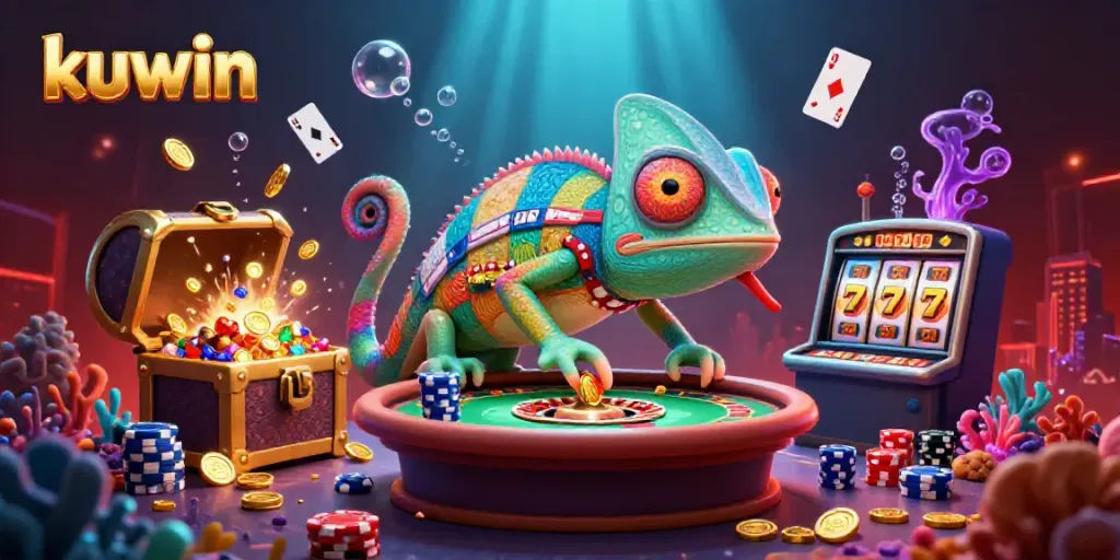 Kuwin casino-themed illustration showcasing a colorful chameleon owner amidst dynamic gaming elements.