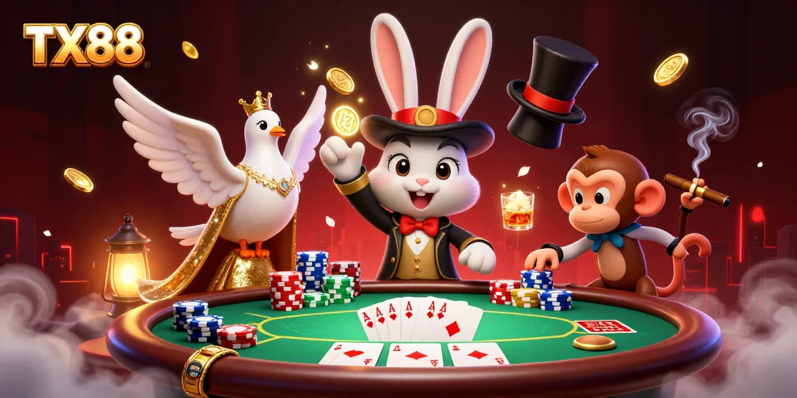 TX88 showcases a magical rabbit and friends in a vibrant poker scene with sparkling coins and energetic casino elements.