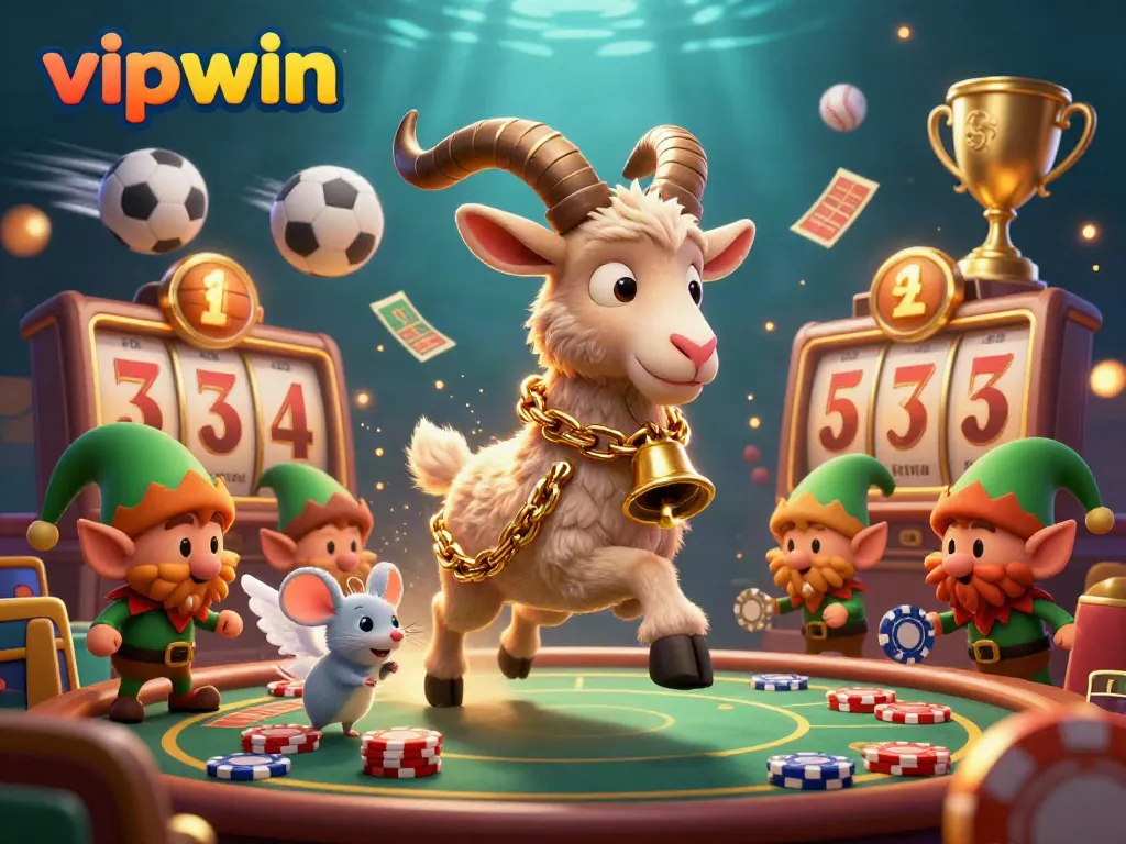 Experience the thrilling atmosphere of vipwin with a spirited casino scene featuring a Krampus goat, angel mouse, and gremlin characters.
