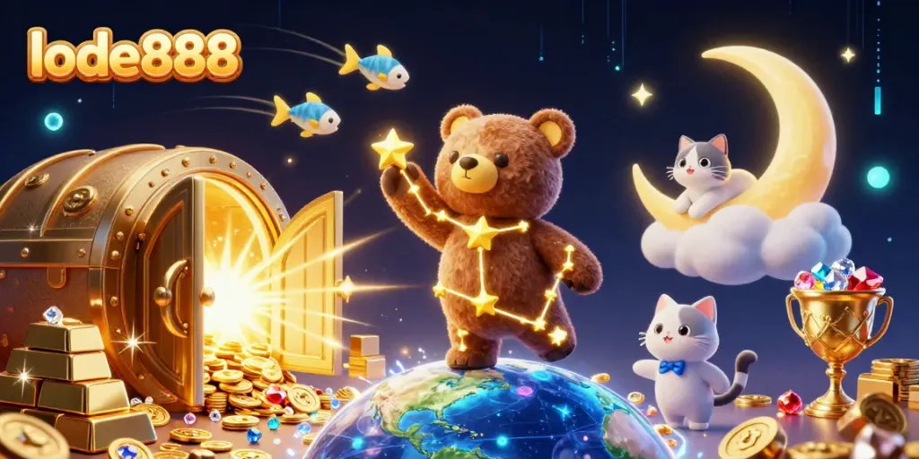 Experience lode888's vibrant gaming world with a constellation bear and glowing treasures