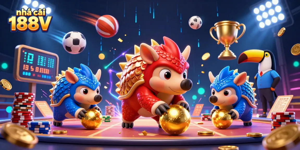 Win big with nhà cái 188V while enjoying a lively casino scene featuring pangolins and poker chips.