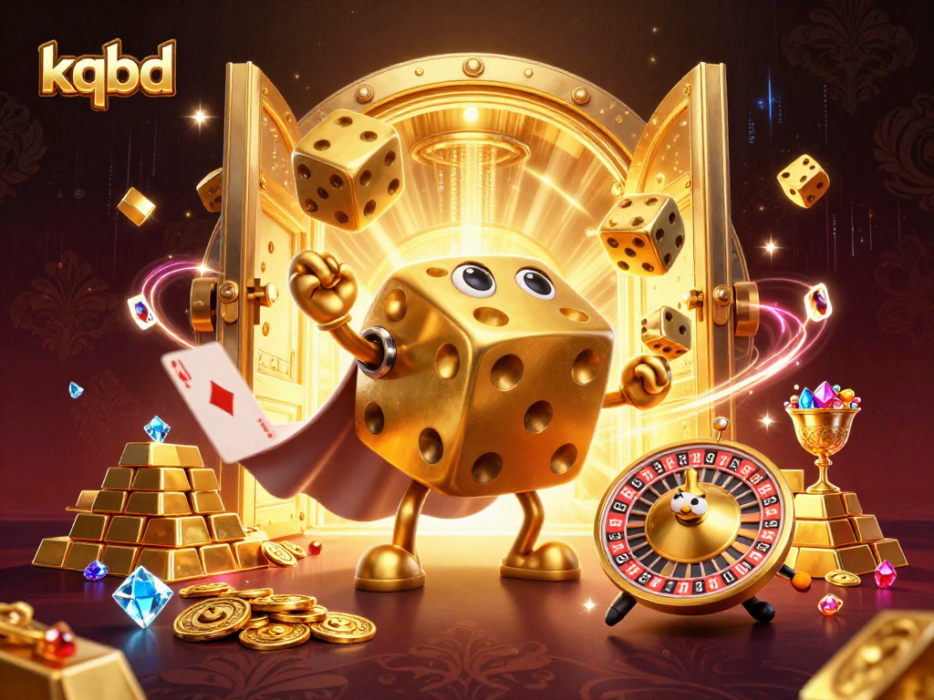 KQBD showcases a golden dice golem juggling dice in a vibrant casino scene.