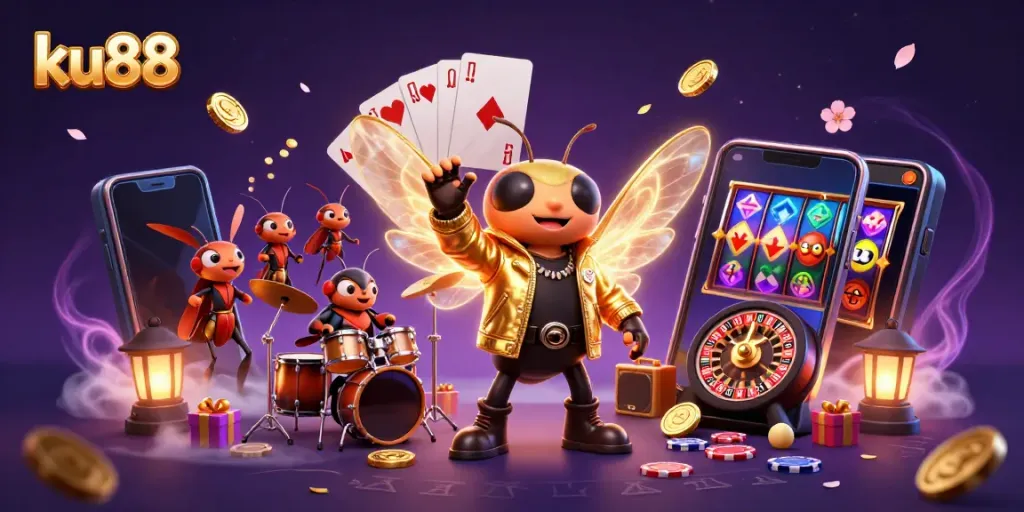 ku88 reveals a vibrant casino world with a cicada rock star, golden coins, and thrill of gaming action.