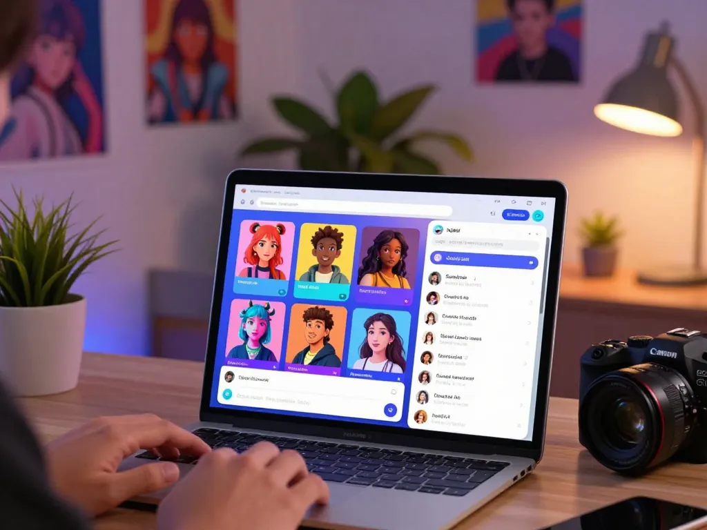 Engaged user chatting with Crushon AI avatars on a modern tablet in a cozy home office.