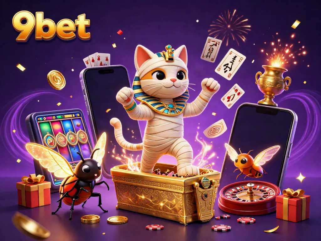 Experience thrilling adventures with 9bet's lively Egyptian themed casino, featuring a mummy cat, scarab, and festive elements.