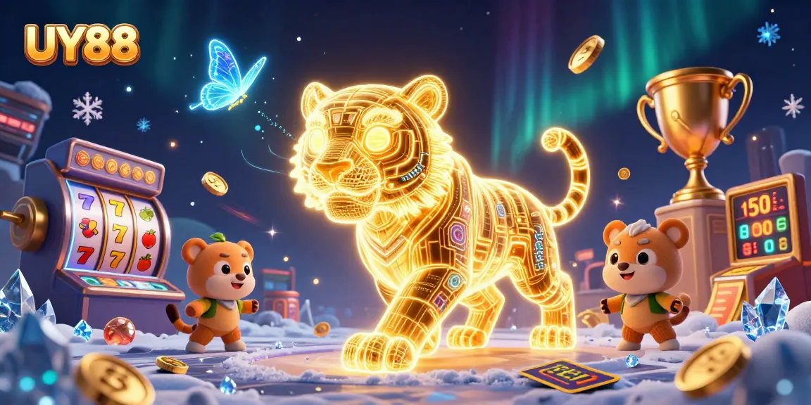 Engage with UY88's thrilling casino adventures featuring a vibrant digital tiger and interactive game elements.