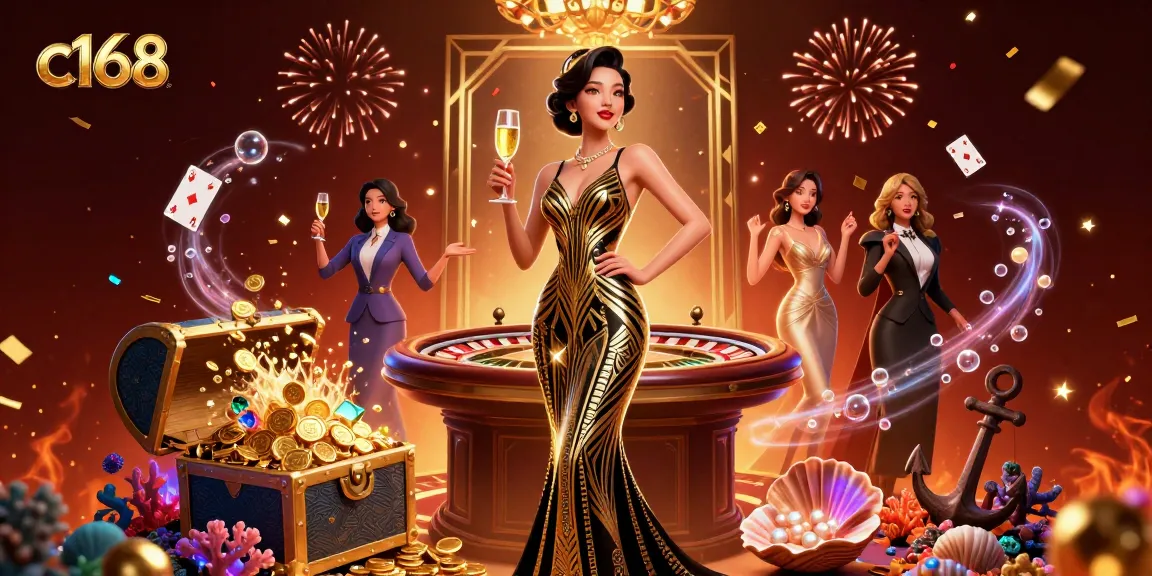 C168 players winning big at a vibrant casino environment with festive details