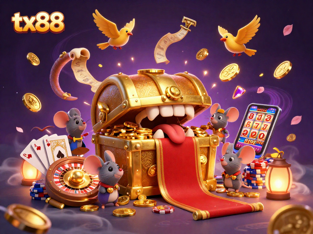 Experience tx88's winning excitement with a dazzling 3D casino scene filled with treasures.