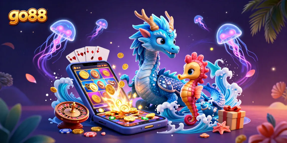 Engage with go88's thrilling gameplay featuring a casino dragon, a knight, and neon jellyfish.