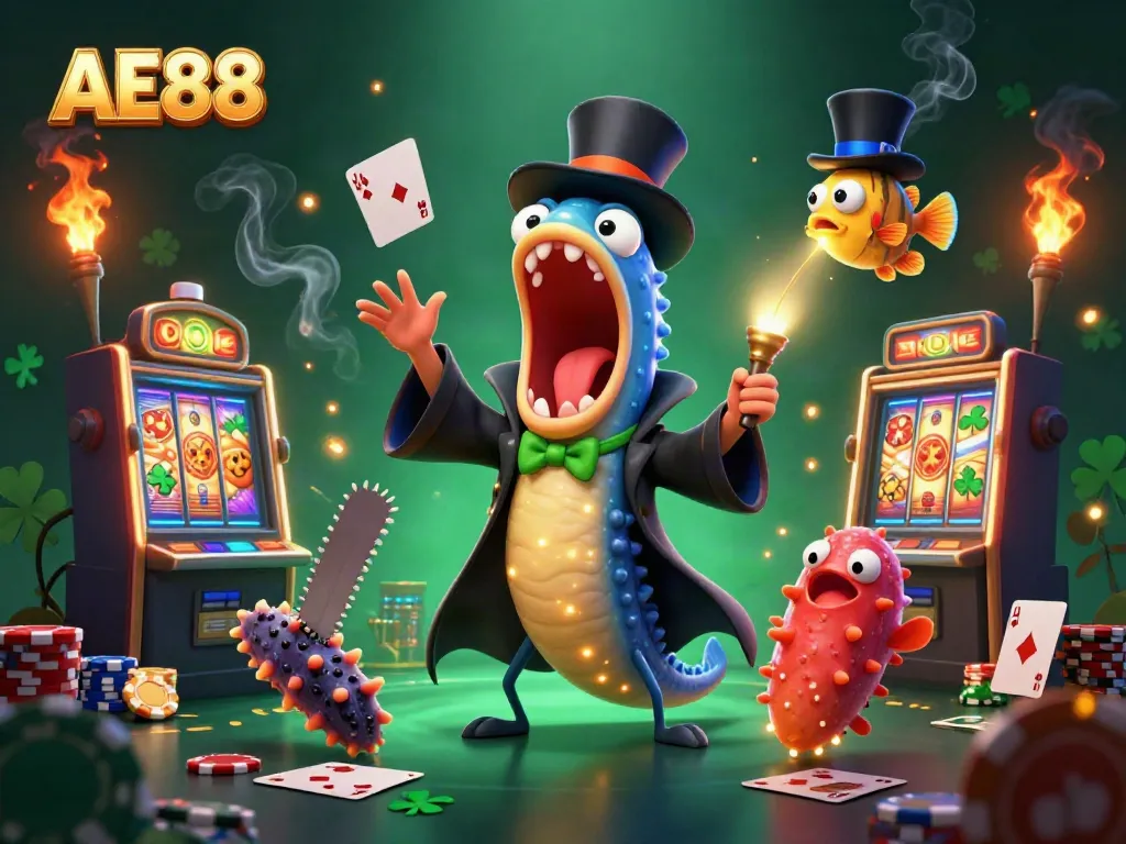 Experience AE88 action with a bioluminescent eel magician, surrounded by dynamic casino elements.