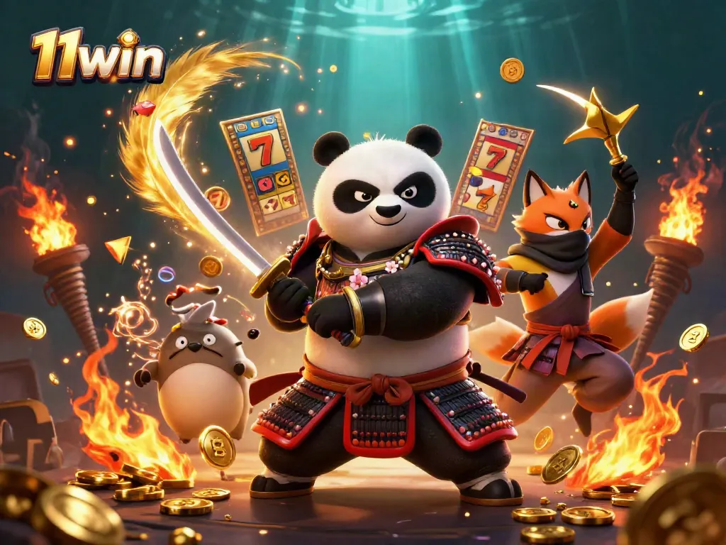 Experience the thrill of 11win with a dynamic samurai panda and dancing coins in an electric casino atmosphere.