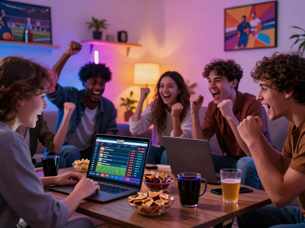 Friends enjoying online betting at https://ku88v1.com/, celebrating sports events together.