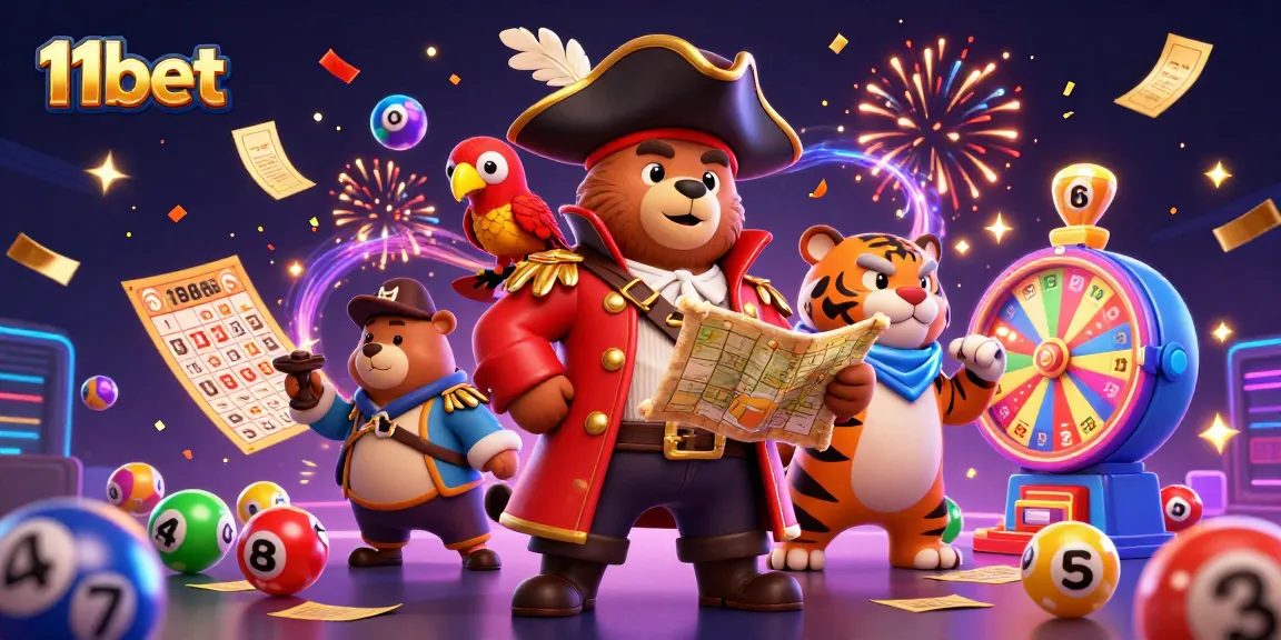 11bet's vibrant carnival scene showcases a pirate bear and tiger with lottery elements highlighting gaming excitement.