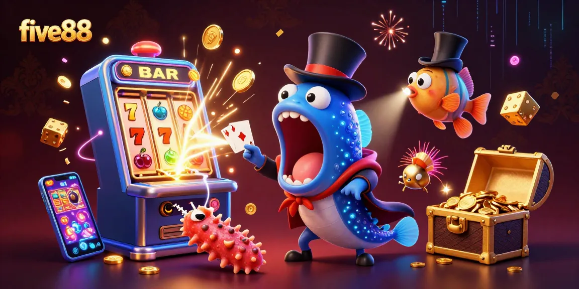 The five88 casino attracts excitement with vibrant deep-sea characters performing magical card tricks.