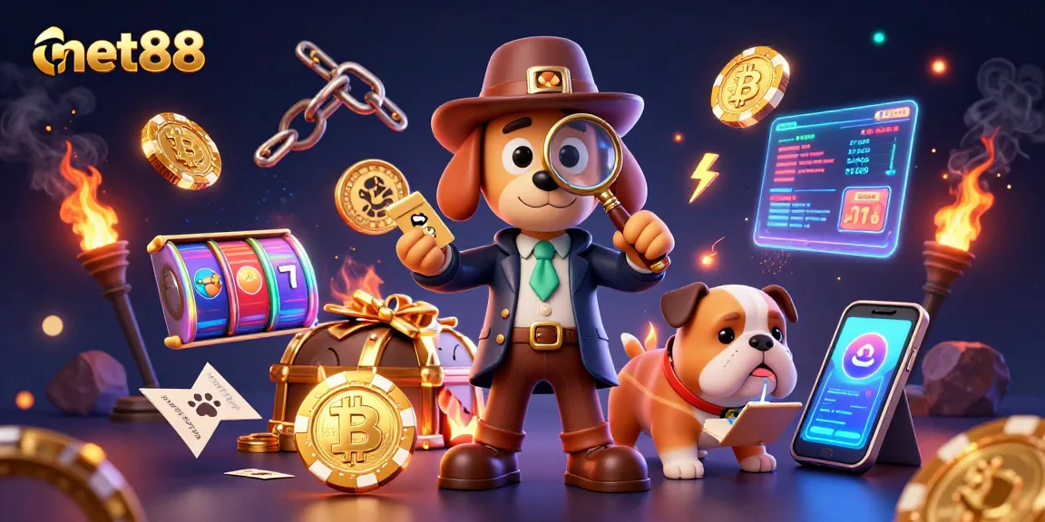 Engage in thrilling games at net88 with a detective and bulldog discovering poker treasures surrounded by crypto elements.